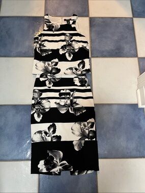 White House Black Market Black and White Floral Striped Skirt Set